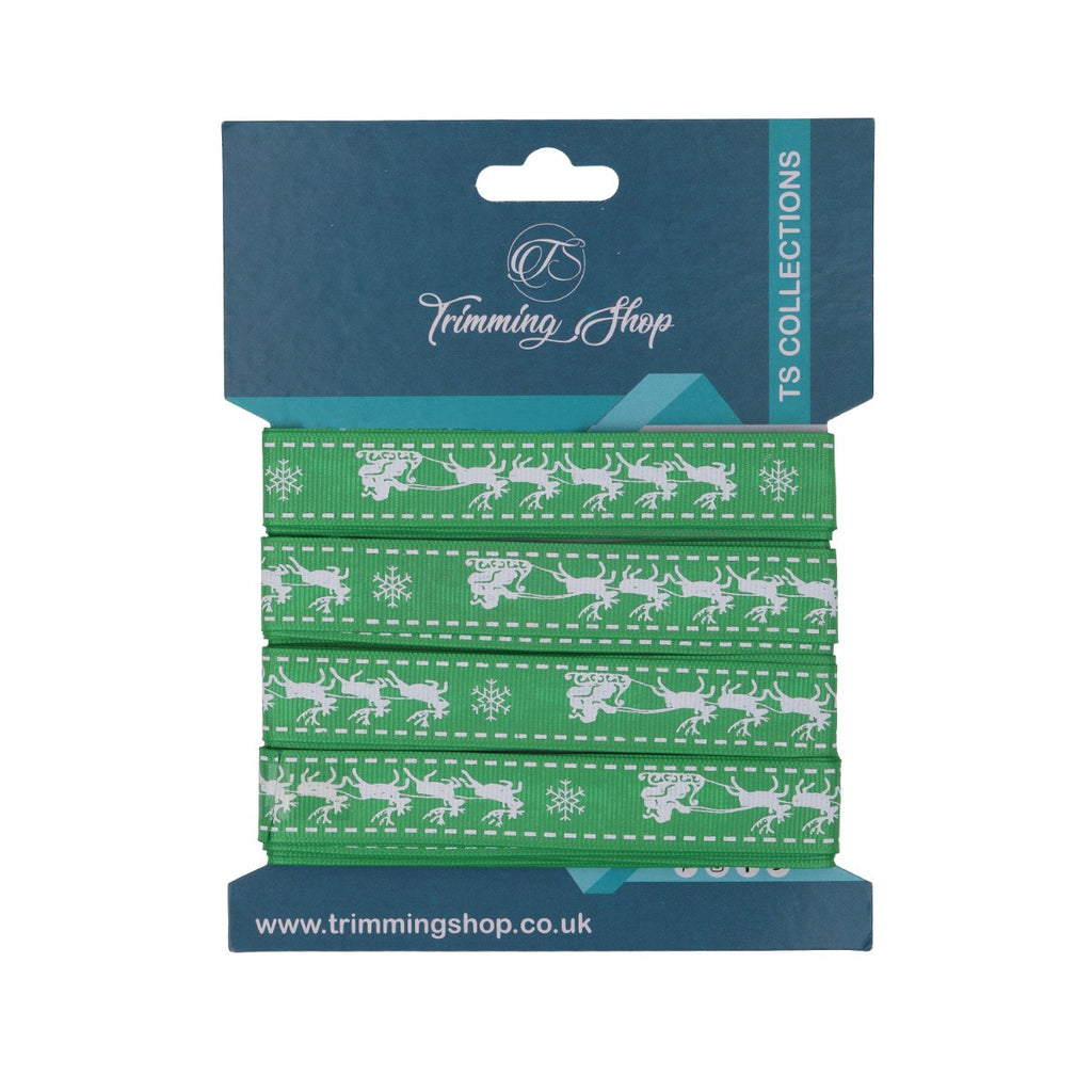Santa Sleigh Printed Grosgrain Ribbon - Green