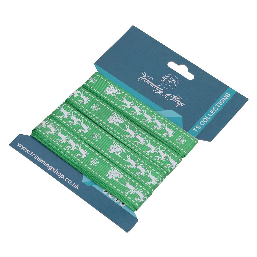 Santa Sleigh Printed Grosgrain Ribbon - Green