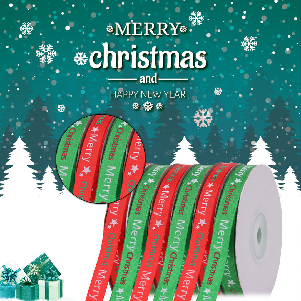 10mm Merry Christmas & Star Printed Grosgrain Ribbon, 2x 22m Rolls - Red & Green