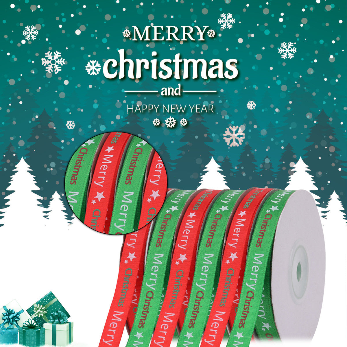 10mm Merry Christmas & Star Printed Grosgrain Ribbon, 2x 22m Rolls - Red & Green